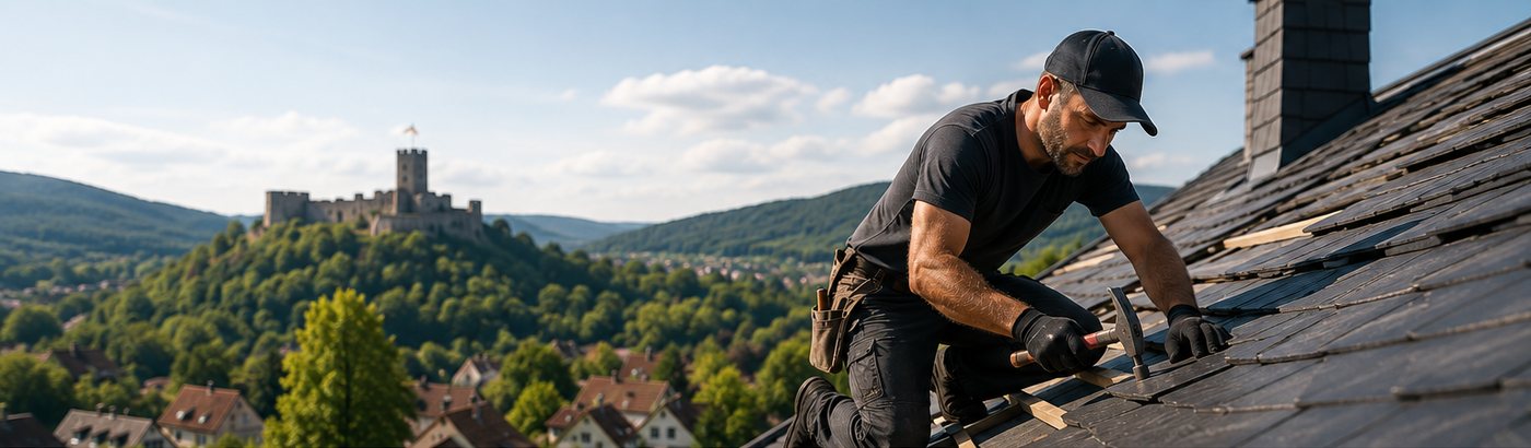 Dachdecker bei Arbeiten auf einem Dach in der Pfalz